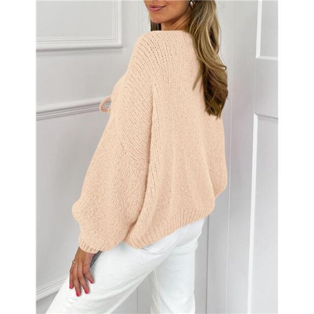 NEW Women's Tie Front Bow Cardigan Sweaters Chunky Knit Long Puff Sleeve Trendy - Picture 2 of 6